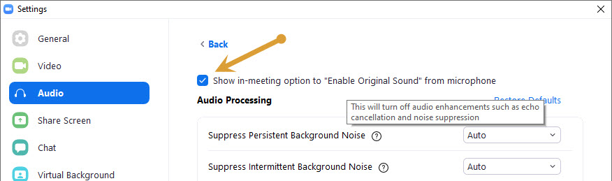 Show in-meeting option to Enable Original Sound from microphone’