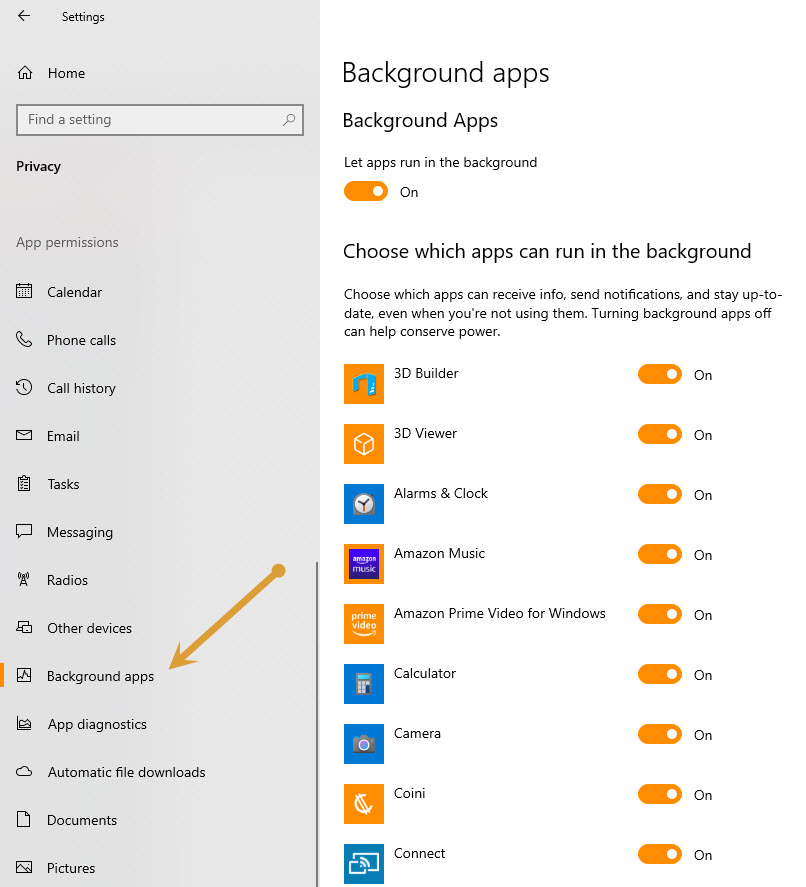 Turnning off background apps in Settings