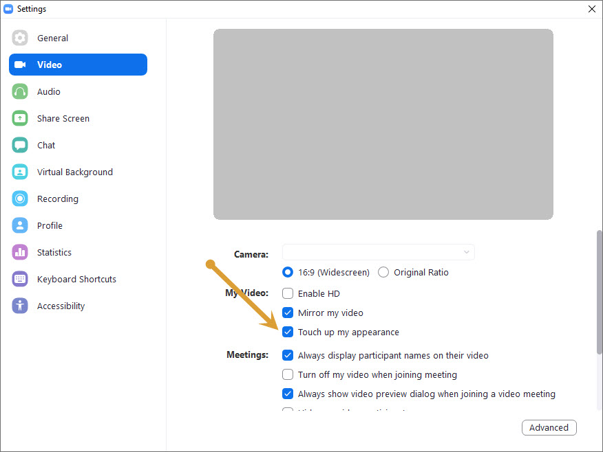 Zoom settings-video-touch up my appearance
