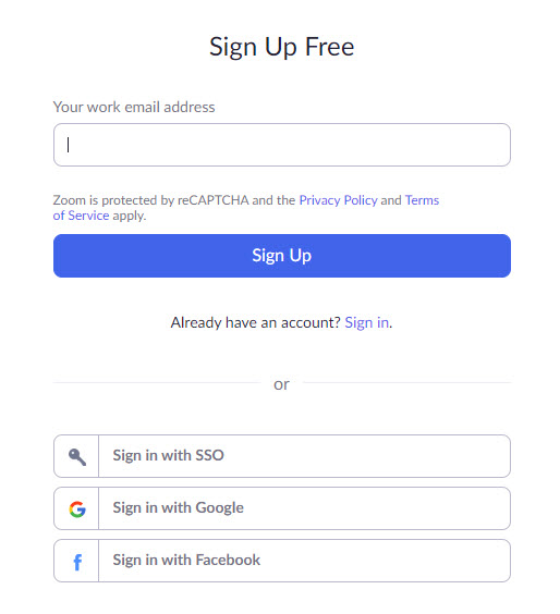 Zoom sign-up entering email