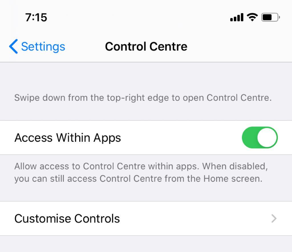 Customizing controls in control center