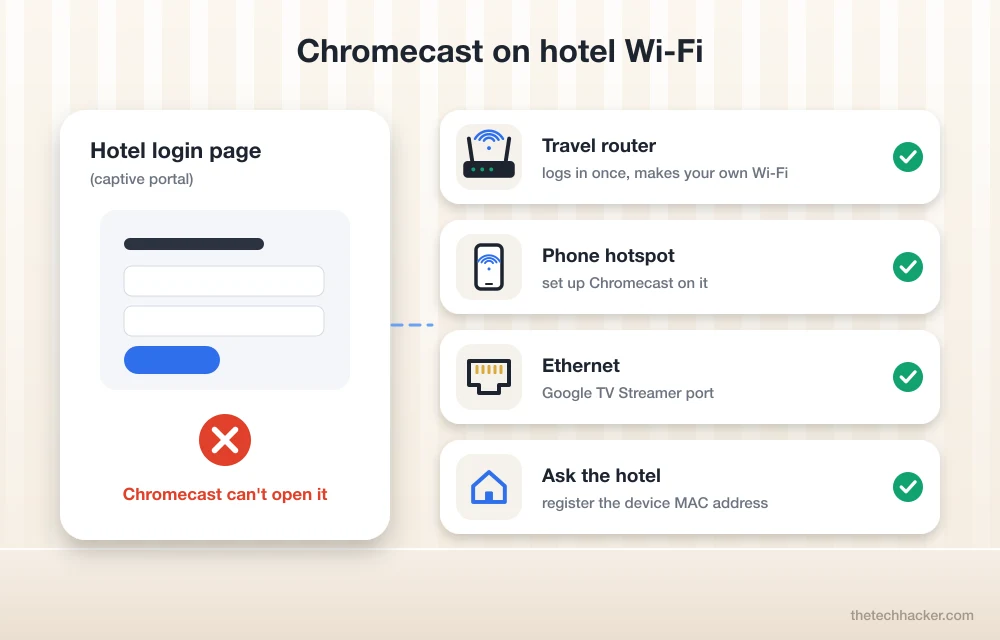 Chromecast on hotel Wi-Fi: login pages are not supported, use a travel router, phone hotspot or Ethernet instead