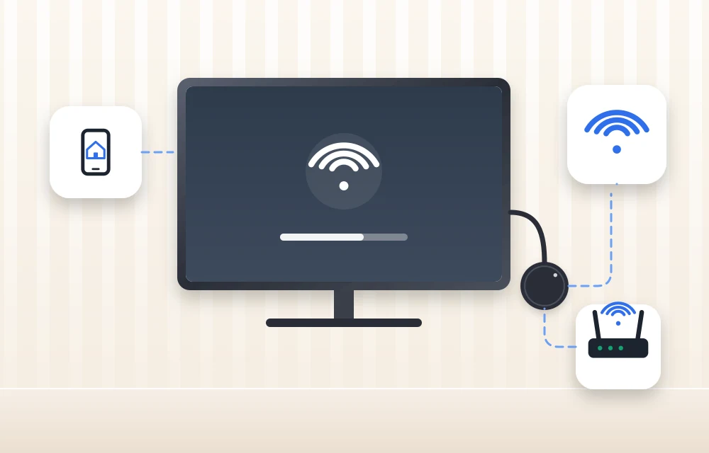 TV with a Chromecast connected over HDMI, with Wi-Fi, router and Google Home phone icons