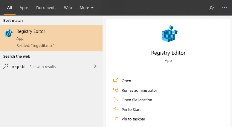 Opening regedit from start menu