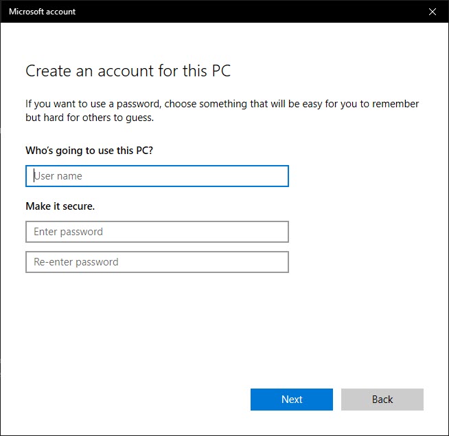 Create an Account for this PC