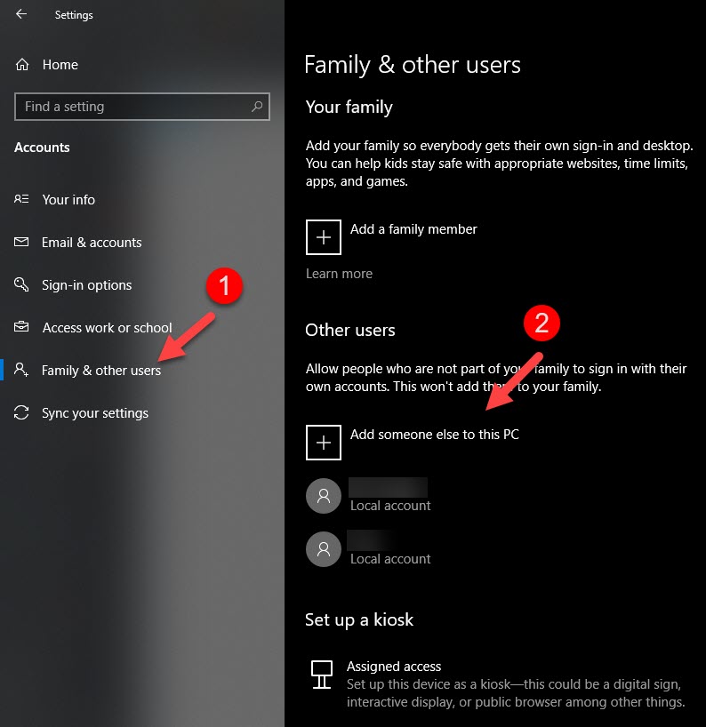 Family & other users settings in Windows 10