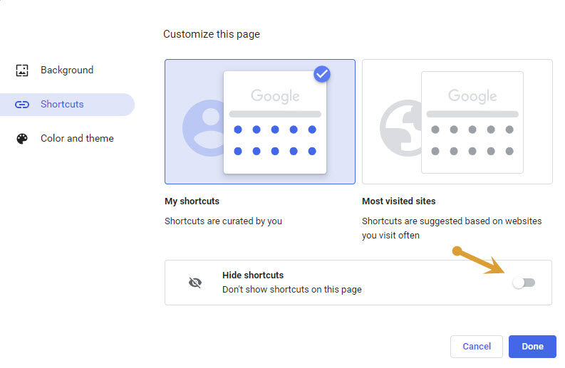 Hide shortcuts turn off