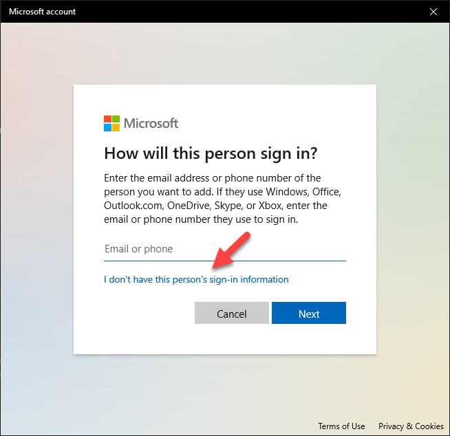 How will this person sign in Microsoft Windows 10