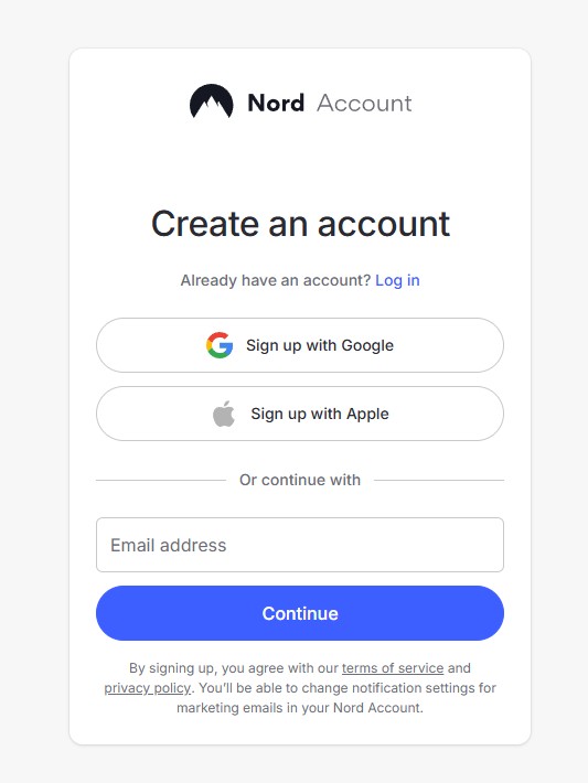 NordVPN Signup options