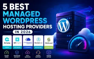 Illustration showing top managed WordPress hosting providers including Kinsta, WP Engine, Cloudways, Rocket.net, and SiteGround with server and speed optimization graphics.