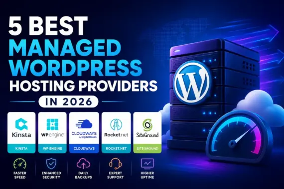 Illustration showing top managed WordPress hosting providers including Kinsta, WP Engine, Cloudways, Rocket.net, and SiteGround with server and speed optimization graphics.