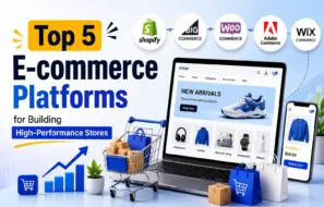 Top ecommerce platforms comparison featuring Shopify, BigCommerce, WooCommerce, Adobe Commerce, and Wix for online stores