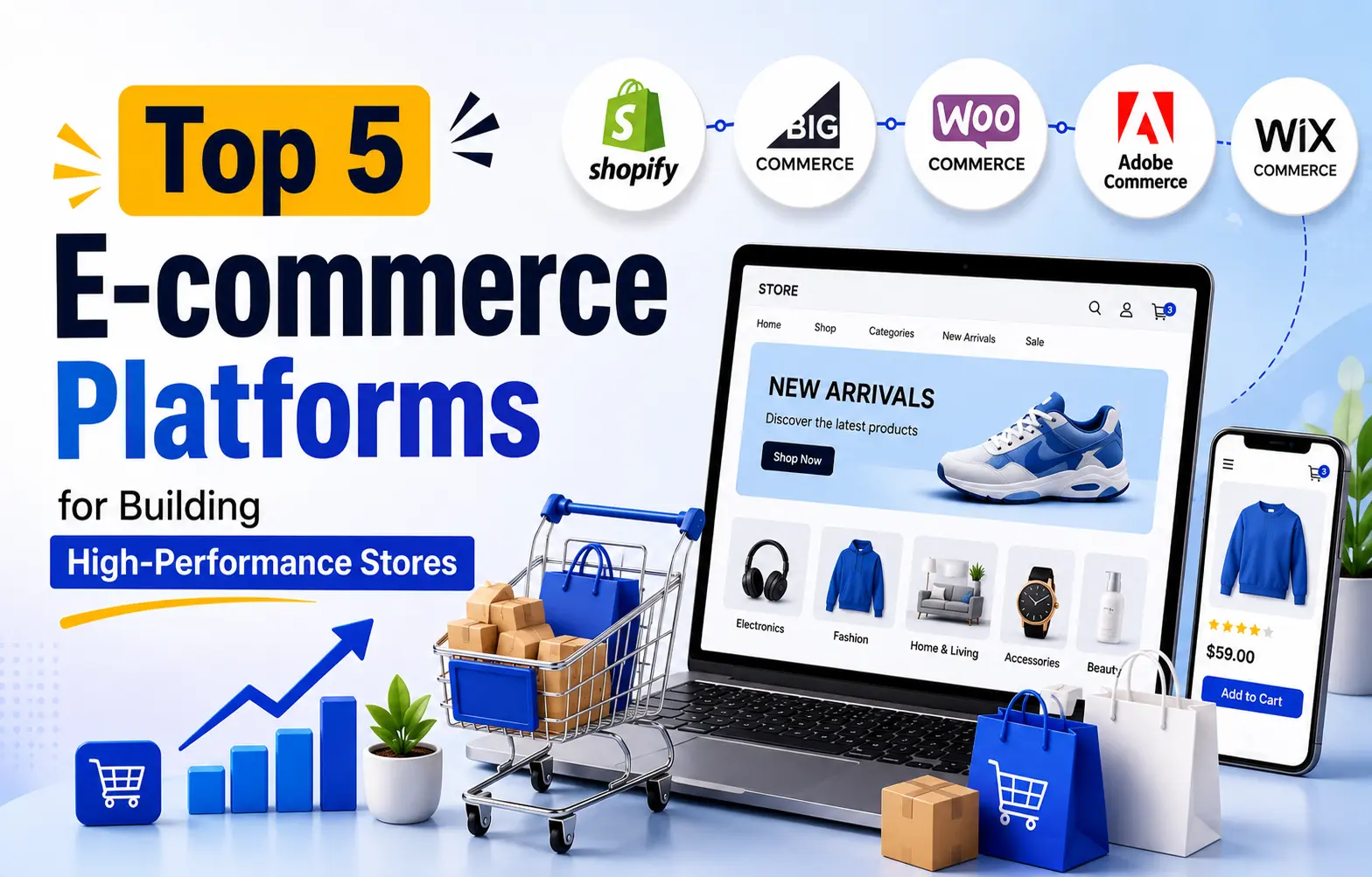 Top ecommerce platforms comparison featuring Shopify, BigCommerce, WooCommerce, Adobe Commerce, and Wix for online stores