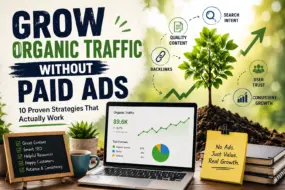 Illustration of a growing tree representing organic website traffic through SEO, quality content, backlinks, and user trust without paid advertising.