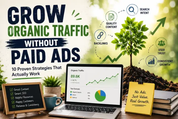 Illustration of a growing tree representing organic website traffic through SEO, quality content, backlinks, and user trust without paid advertising.