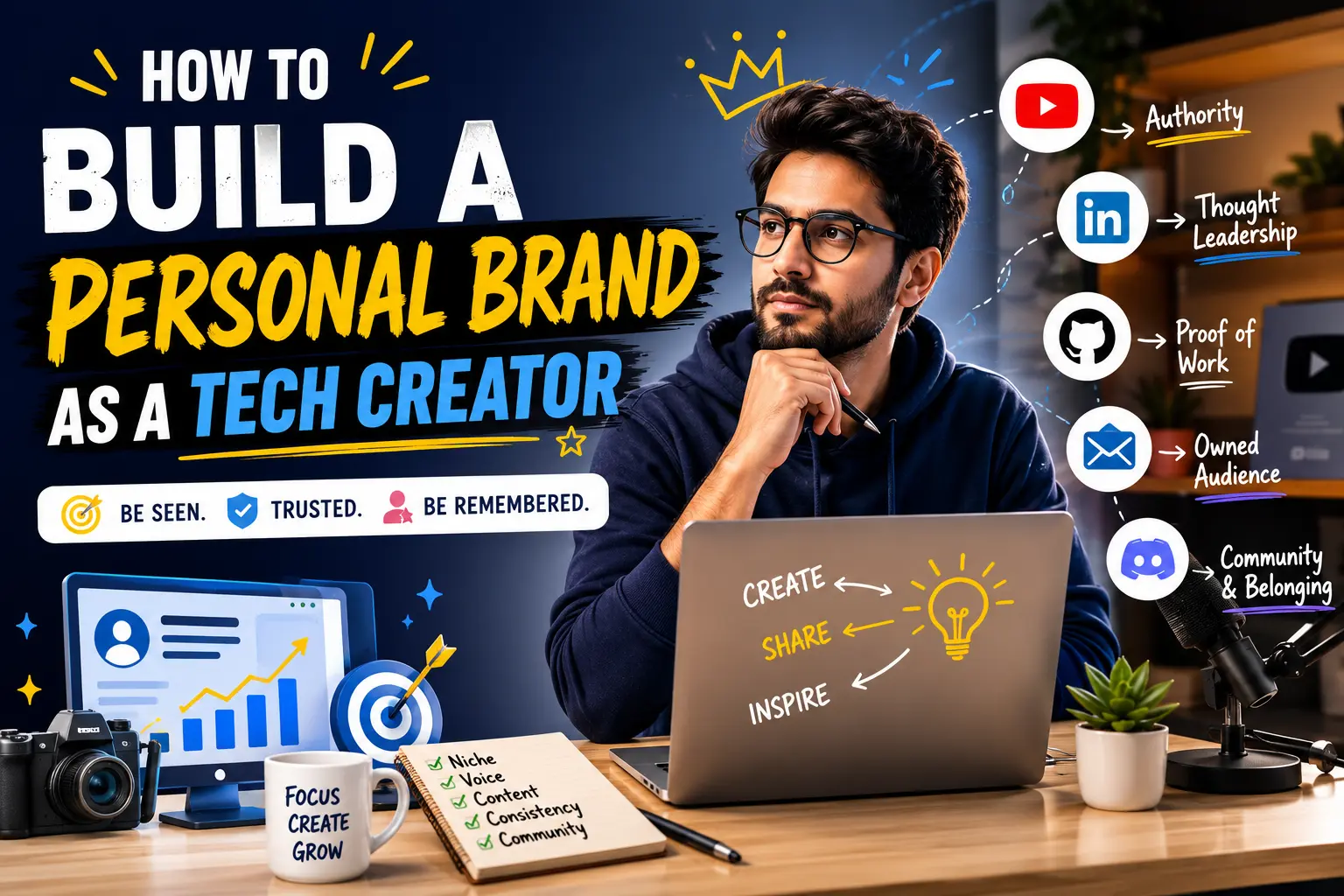Illustration of a tech creator building a personal brand using YouTube, LinkedIn, GitHub, newsletters, and online communities to grow authority and audience.