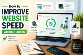 Illustration showing website speed optimization with PageSpeed Insights, image compression, caching, CDN, and website performance improvements without coding.