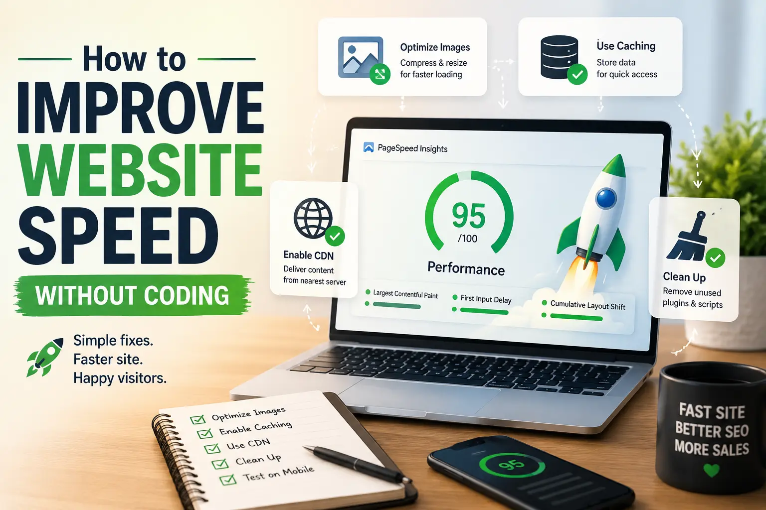 Illustration showing website speed optimization with PageSpeed Insights, image compression, caching, CDN, and website performance improvements without coding.