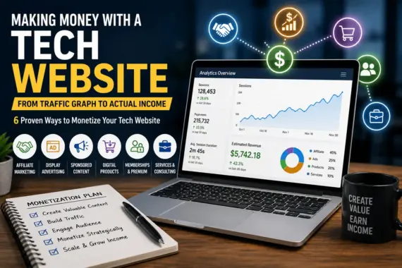 Laptop displaying website analytics and monetization strategies including affiliate marketing, ads, digital products, and consulting for a tech website.