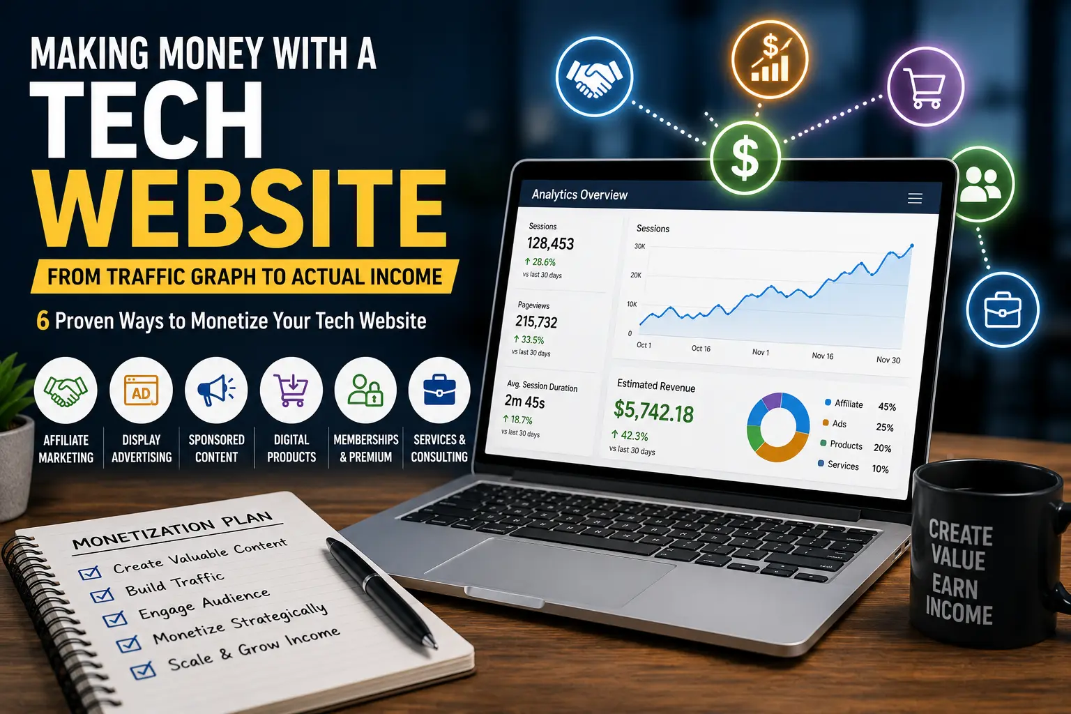 Laptop displaying website analytics and monetization strategies including affiliate marketing, ads, digital products, and consulting for a tech website.