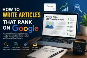 Laptop displaying SEO article writing tips with Google search, keyword research, and content optimization concepts.