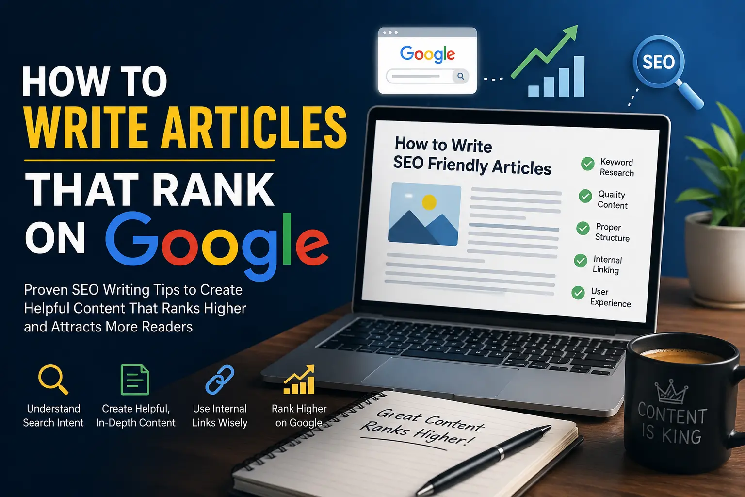 Laptop displaying SEO article writing tips with Google search, keyword research, and content optimization concepts.