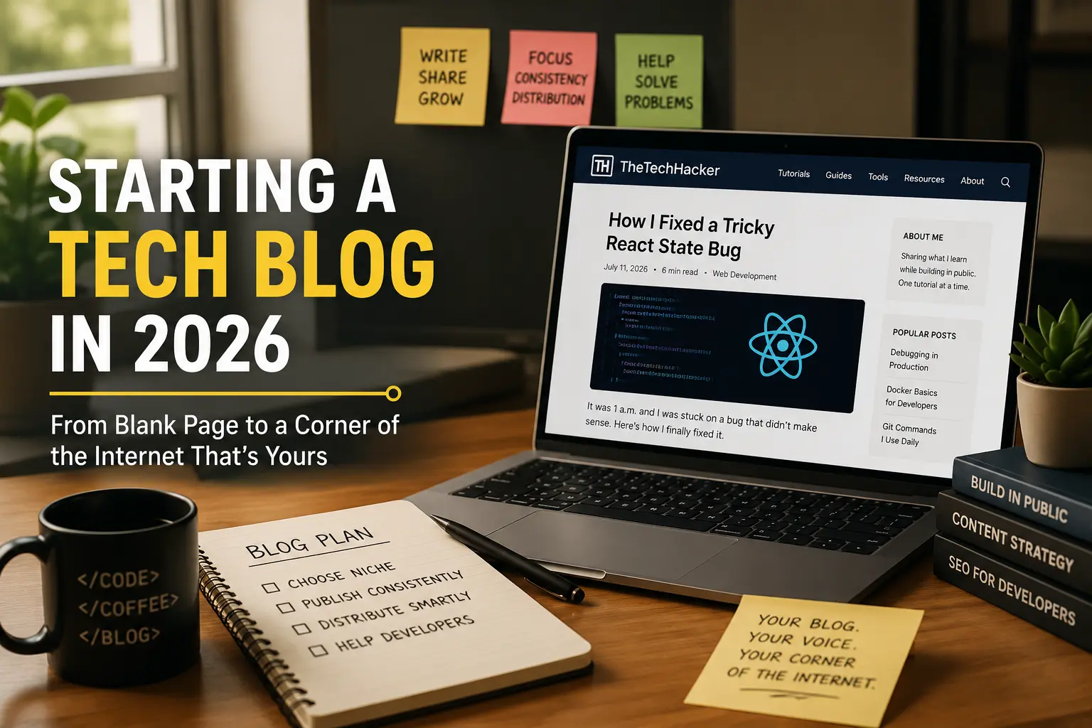 Modern workspace illustrating how to start a tech blog in 2026 with a laptop, blog planning notebook, and content creation setup.