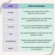 Infographic showing practical ways to improve website speed without coding, including image optimization, hosting, caching, CDN, housekeeping, and mobile testing.