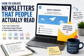 Illustration showing a laptop with a newsletter, email icons, checklist, and email marketing tips for creating newsletters people actually read.