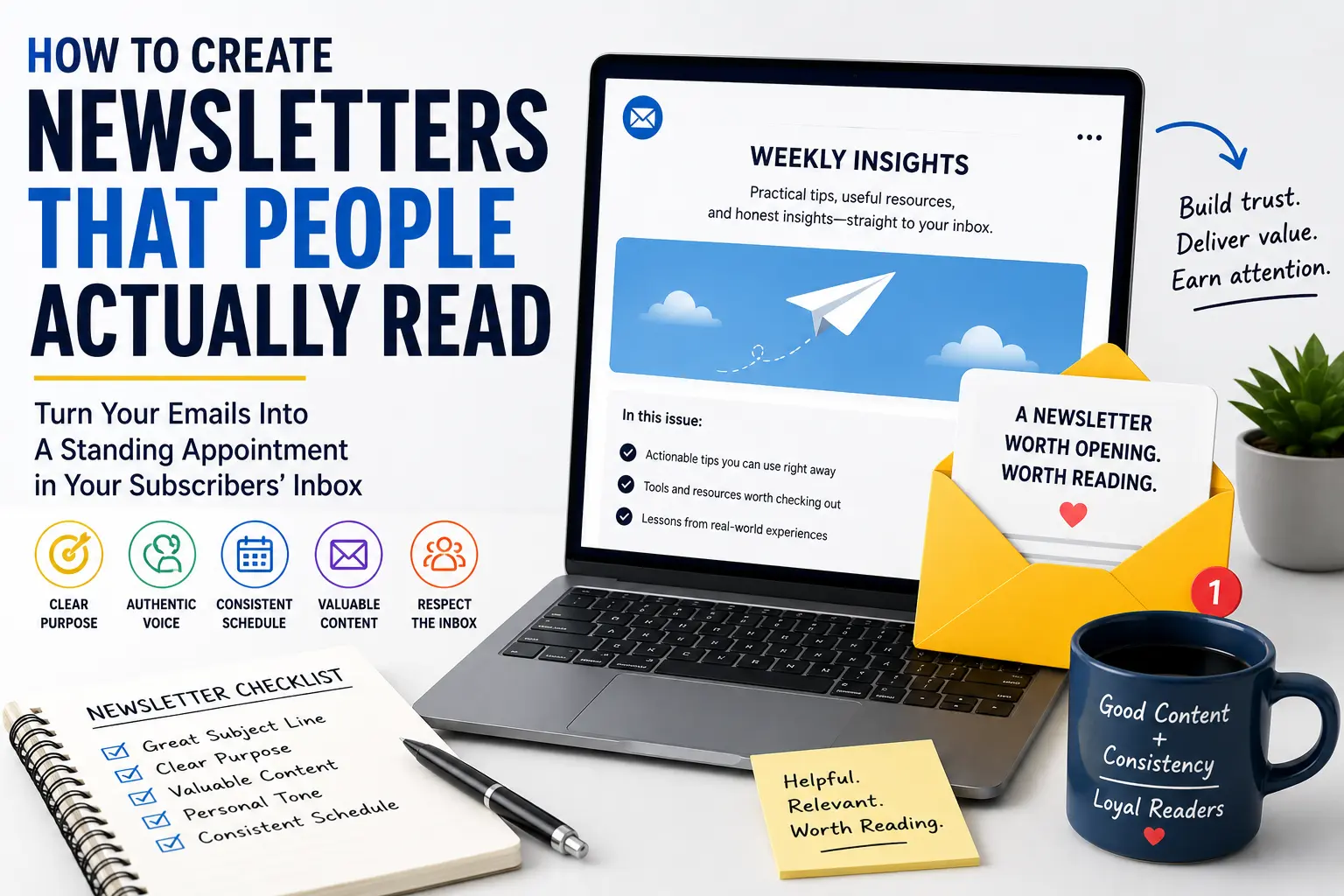 Illustration showing a laptop with a newsletter, email icons, checklist, and email marketing tips for creating newsletters people actually read.