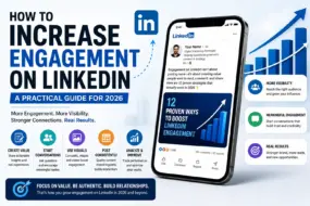 Illustration of LinkedIn engagement strategies showing a smartphone with LinkedIn posts, growth charts, and content marketing tips.