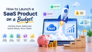 Illustration of a rocket launching from a SaaS dashboard with startup growth icons, representing a budget-friendly SaaS product launch strategy.