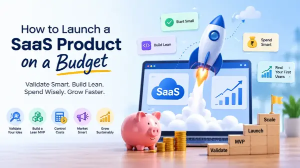 Illustration of a rocket launching from a SaaS dashboard with startup growth icons, representing a budget-friendly SaaS product launch strategy.
