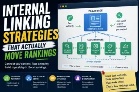 Infographic showing a pillar page connected to SEO cluster pages through internal links to improve topical authority and rankings.v