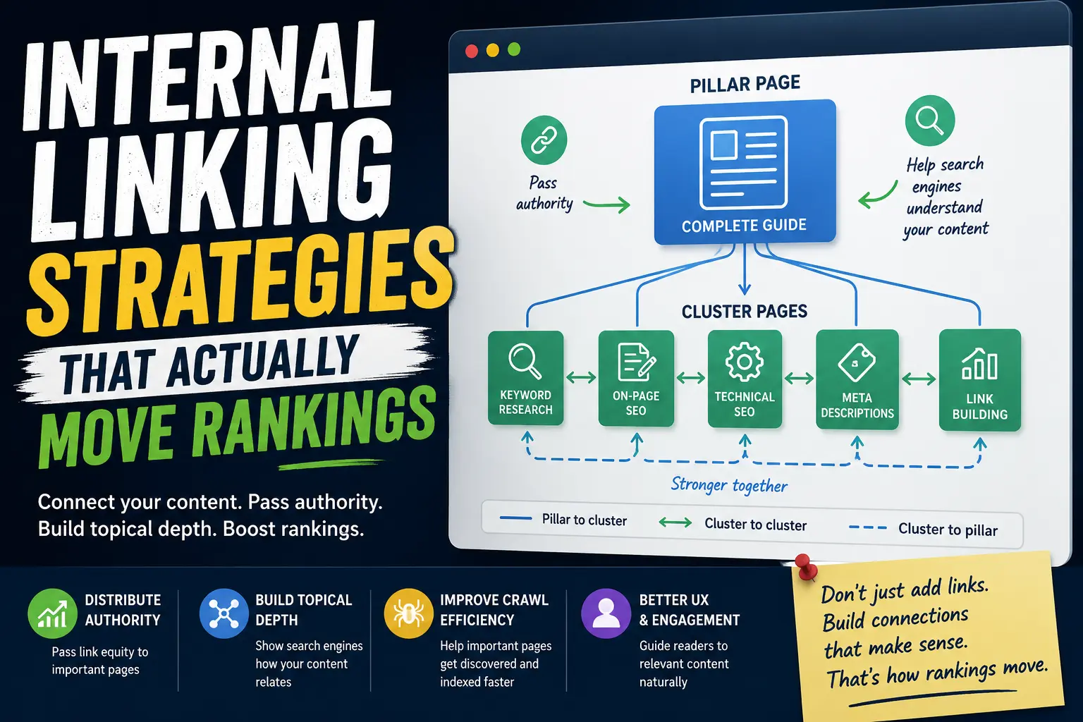 Infographic showing a pillar page connected to SEO cluster pages through internal links to improve topical authority and rankings.v