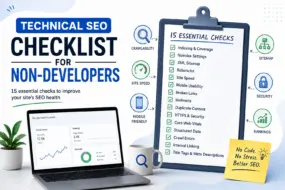 Technical SEO checklist showing indexing, sitemap, robots.txt, site speed, mobile usability, Core Web Vitals, and other SEO checks.