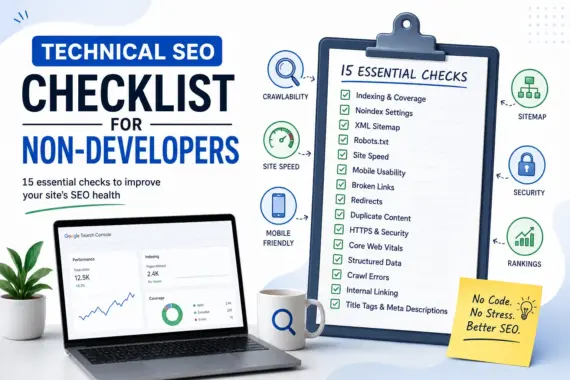 Technical SEO checklist showing indexing, sitemap, robots.txt, site speed, mobile usability, Core Web Vitals, and other SEO checks.