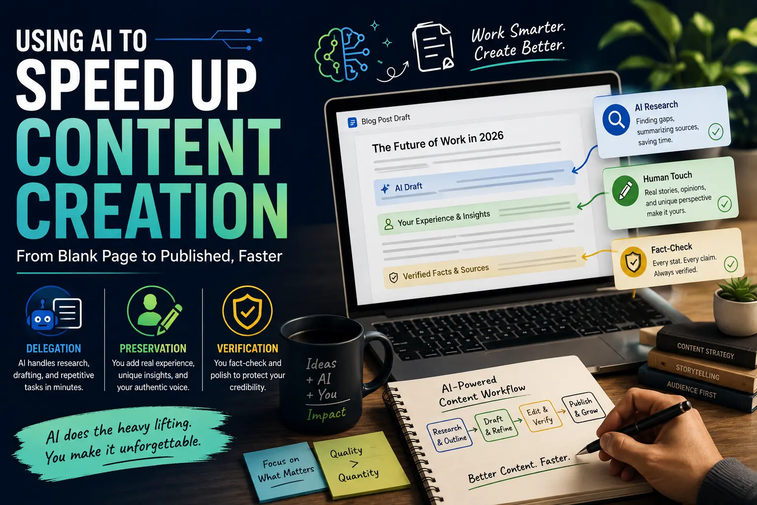 Illustration showing an AI-assisted content creation workflow with research, drafting, human editing, and fact-checking stages.