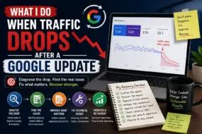 Illustration showing a Google update causing a website traffic drop and an SEO recovery process using analysis, content improvements, and technical fixes.