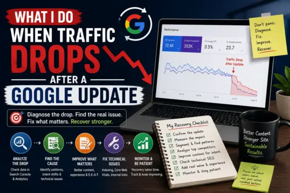 Illustration showing a Google update causing a website traffic drop and an SEO recovery process using analysis, content improvements, and technical fixes.