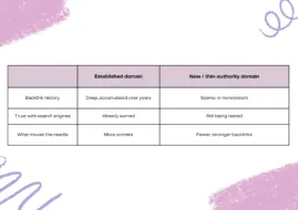 Comparison table showing backlink history, search engine trust, and content priorities for established and new domains.