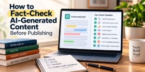 Featured image showing an AI-generated draft being fact-checked against sources, statistics, quotes, and dates before publishing.