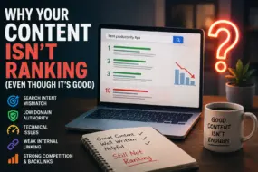 Illustration showing good content failing to rank due to search intent, domain authority, technical SEO, internal linking, and competition.