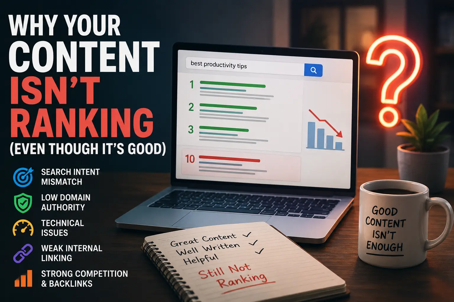 Illustration showing good content failing to rank due to search intent, domain authority, technical SEO, internal linking, and competition.