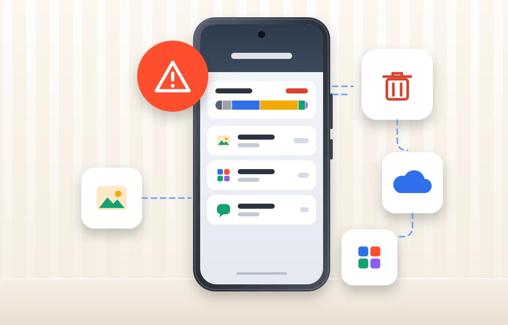 iPhone with nearly full storage bar, warning badge, and icons for deleting files, iCloud and apps