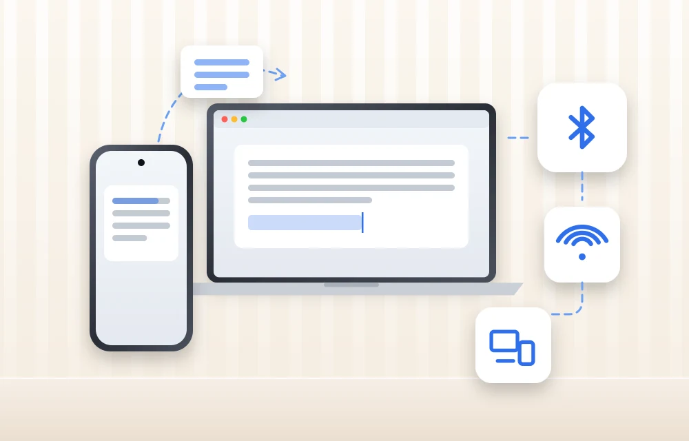iPhone and MacBook sharing copied text with Universal Clipboard, with Bluetooth, Wi-Fi and Handoff icons